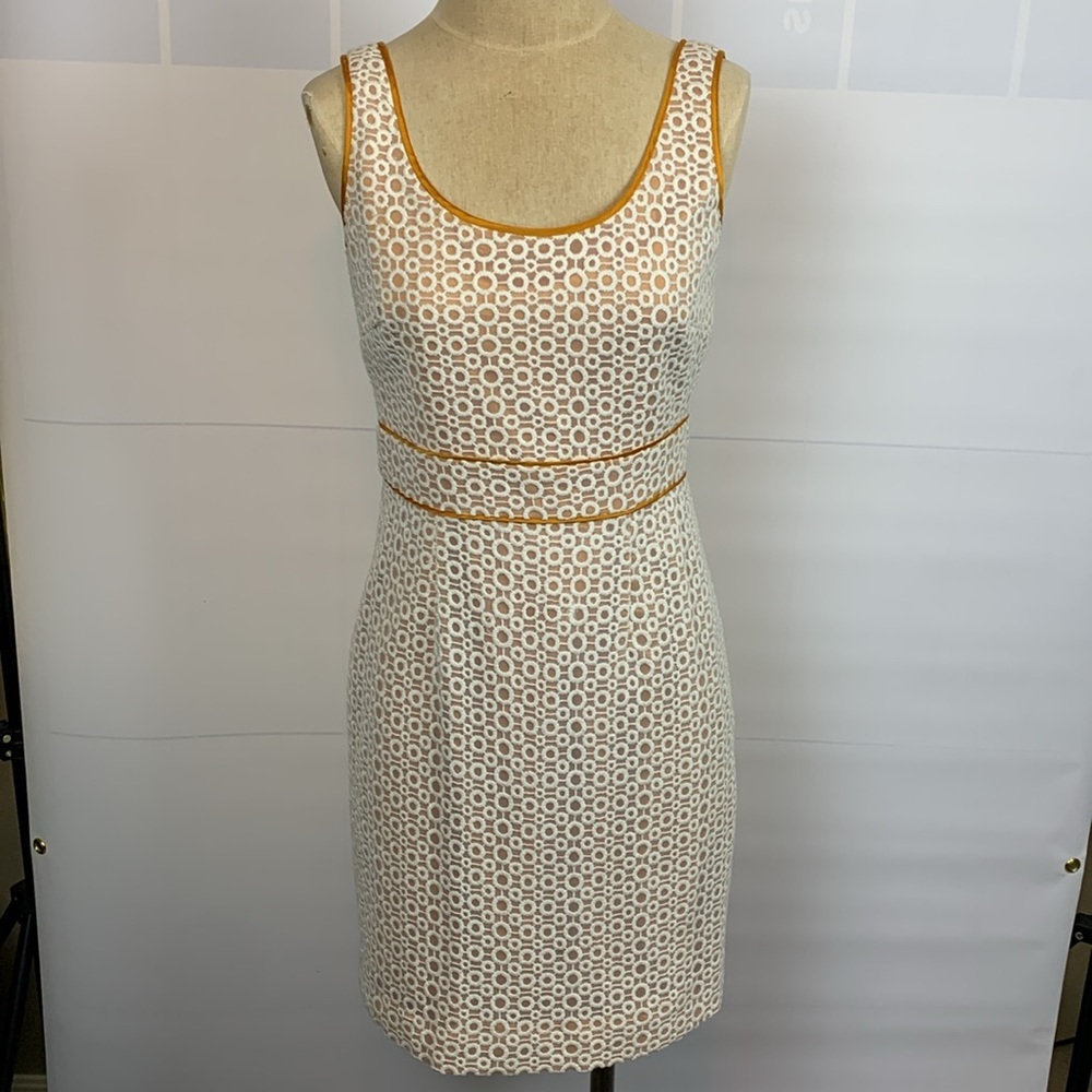 Sleeveless White Eyelet Shift Dress with Tan Trim